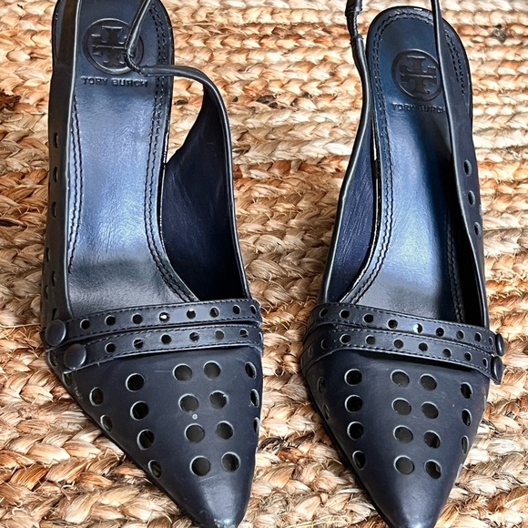 Tory Burch Navy Blue Sling Back Heels - Picture 3 of 5